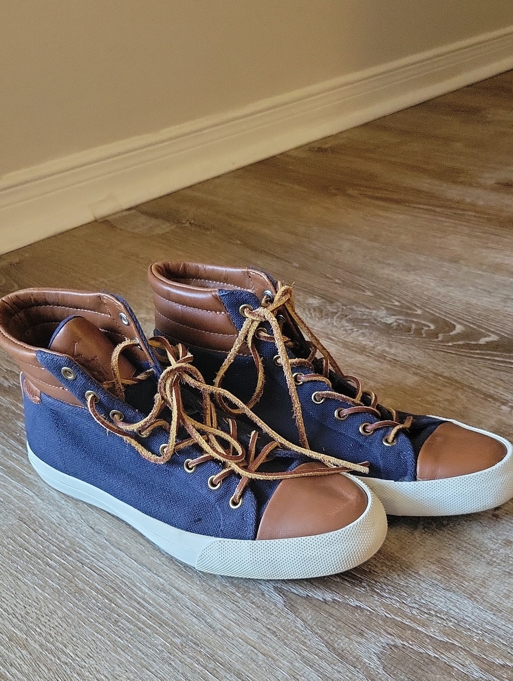 Ralph Lauren Navy Canvas High-Top Sneakers with Brown Leather Trim